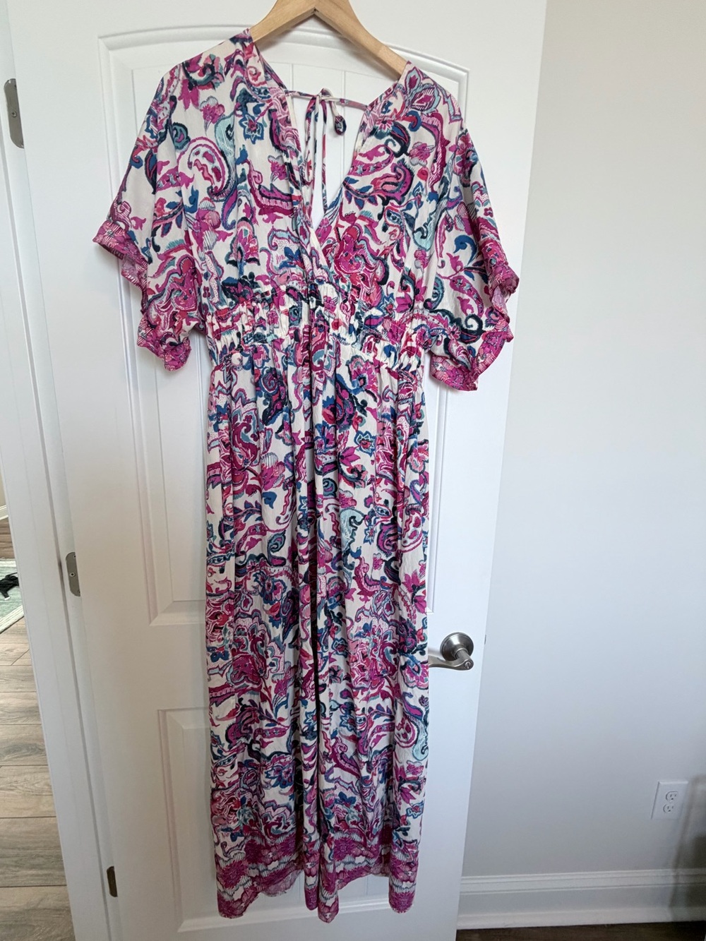 Lovestitch Paisley Boho Maxi Dress Pink Teal Flutter Sleeve M/L